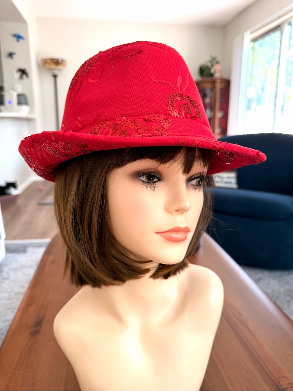 Red Sequin Embroidered Fedora Hat Floral Sparkle Trilby Women’s One Size